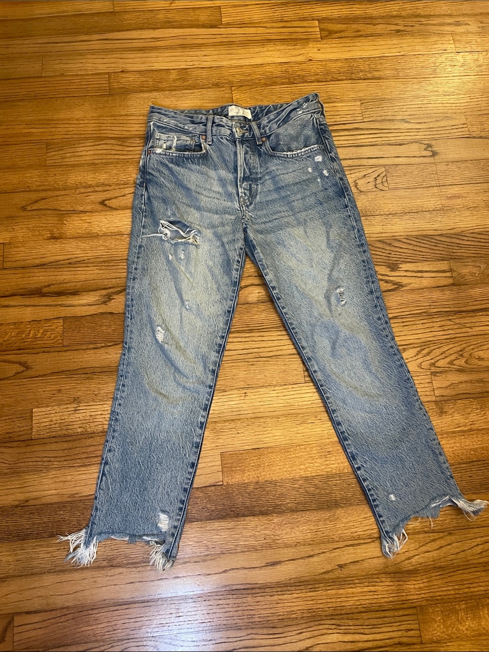 Free People Distressed Blue Straight Leg Jeans with Raw Hem Sz27
